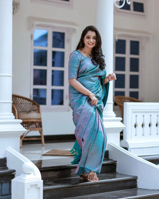 Effervescent Firozi Soft Silk Saree With Efflorescence Blouse Piece Shriji