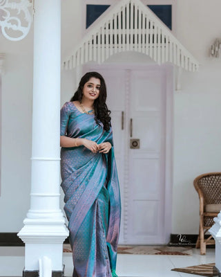 Effervescent Firozi Soft Silk Saree With Efflorescence Blouse Piece Shriji