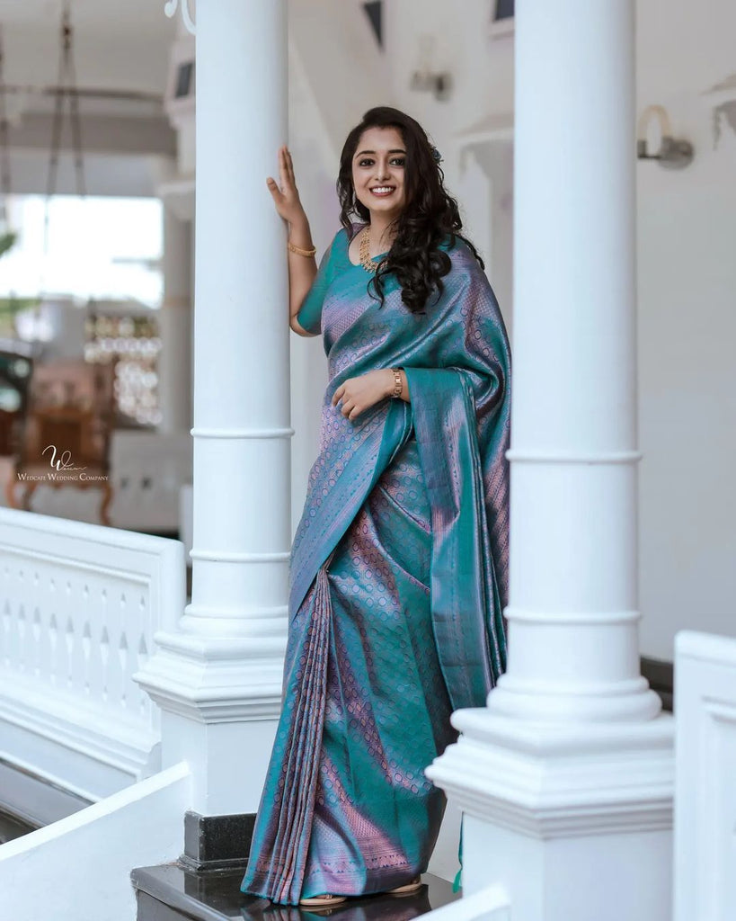 Effervescent Firozi Soft Silk Saree With Efflorescence Blouse Piece Shriji