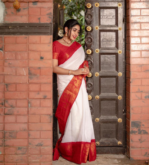 Mesmeric White Soft Silk Saree With Snappy Blouse Piece Shriji Main image