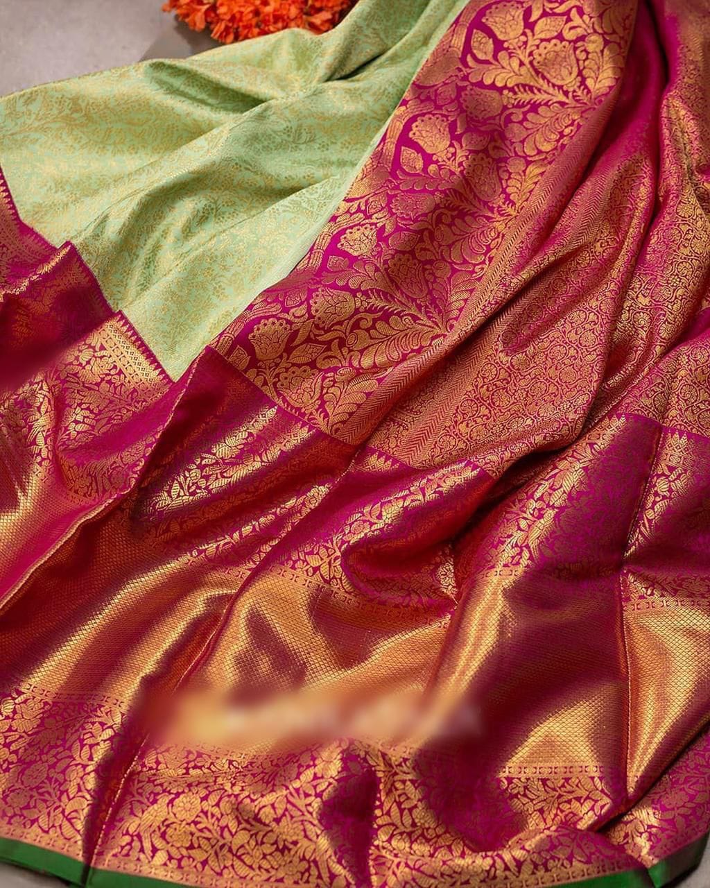 Comely Pista Soft Banarasi Silk Saree With Surpassing Blouse Piece Shriji Main image