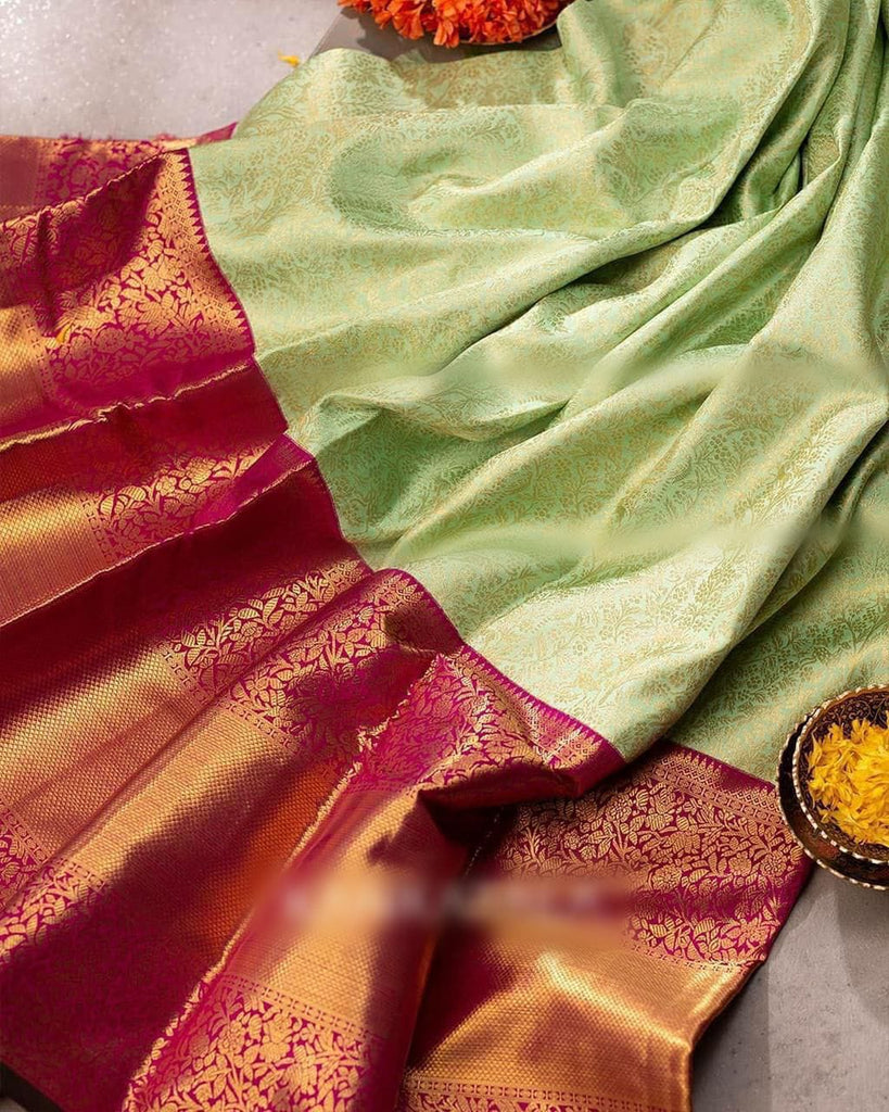 Comely Pista Soft Banarasi Silk Saree With Surpassing Blouse Piece Shriji