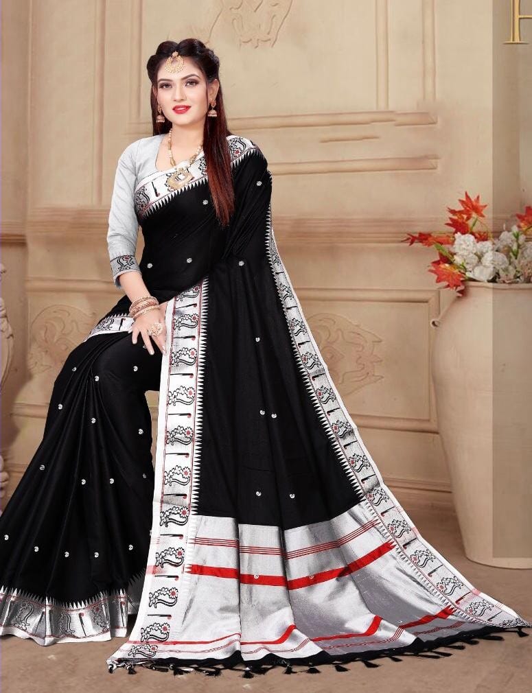 Super Black Paithani Silk Saree With Flattering Blouse Piece Shriji