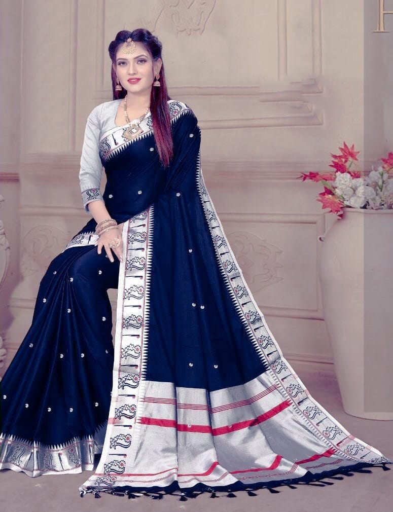 Navy Blue Color Silk Material Saree With Contrast Blouse
