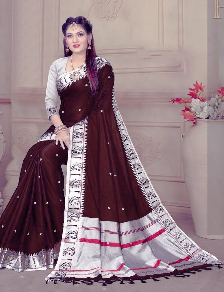 Stylish Brown Paithani Silk Saree With Flattering Blouse Piece Shriji