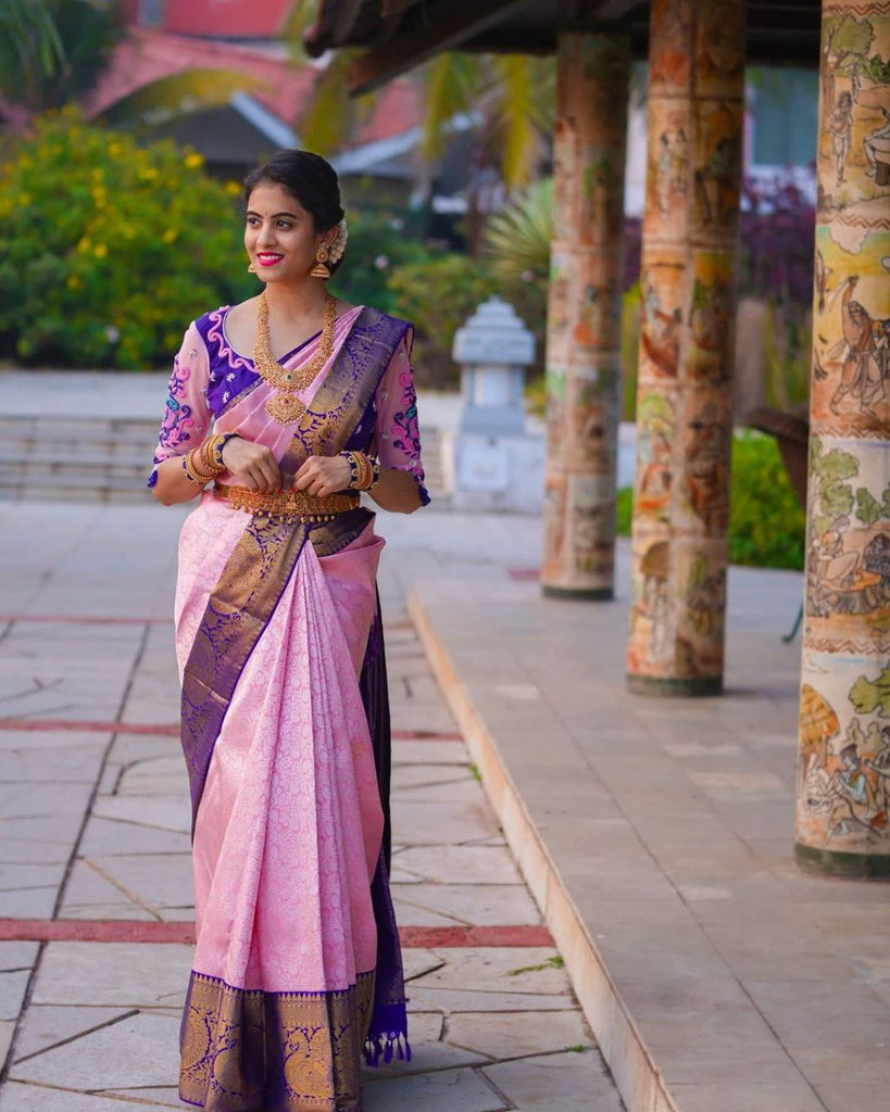 Twirling Pink Soft Banarasi Silk Saree With Two Palimpsest Blouse Piece Shriji