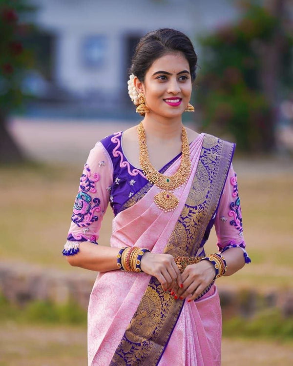 Twirling Pink Soft Banarasi Silk Saree With Two Palimpsest Blouse Piece Shriji