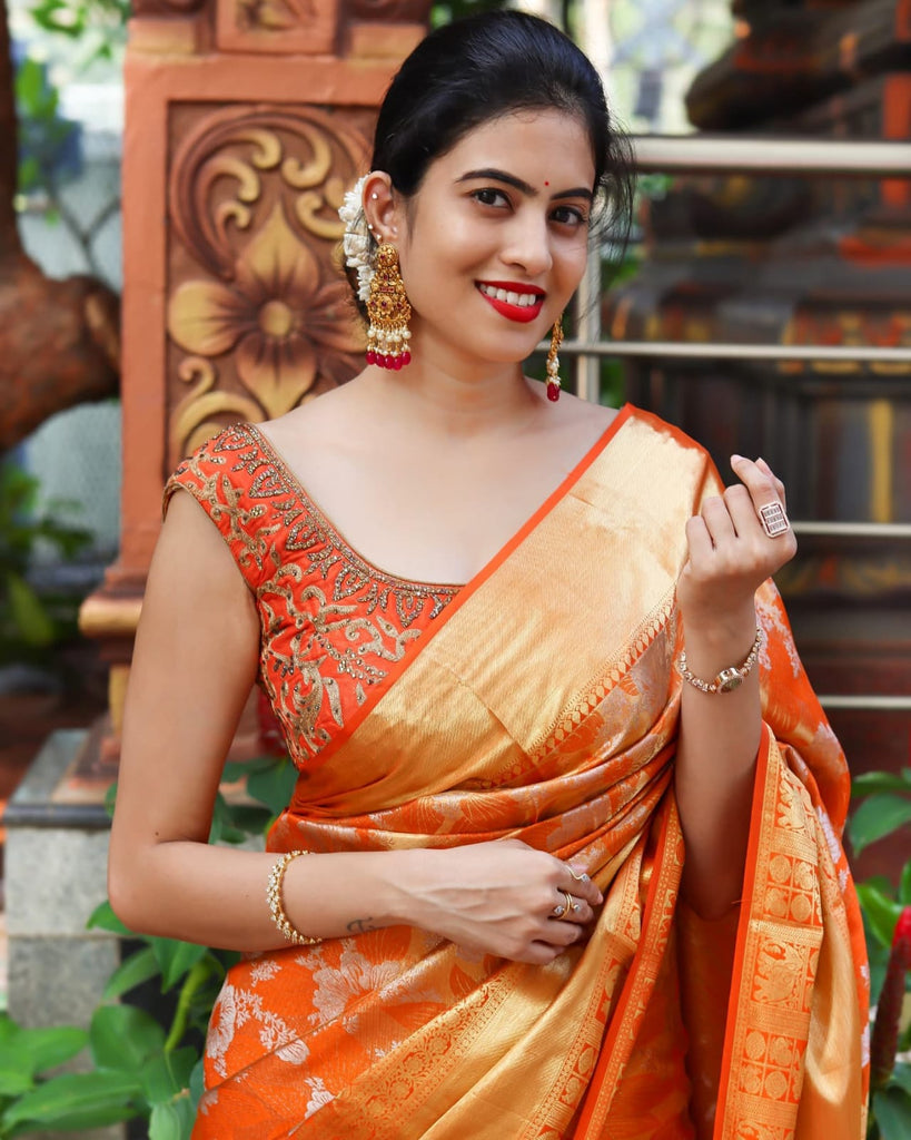 Felicitous Orange Soft Banarasi Silk Saree With Enchanting Blouse Piece Shriji