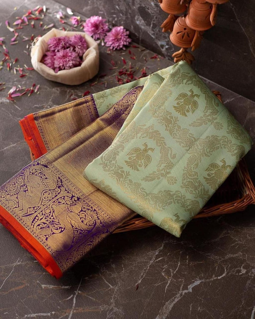 Staggering Sea Green Soft Banarasi Silk Saree With Divine Blouse Piece Shriji