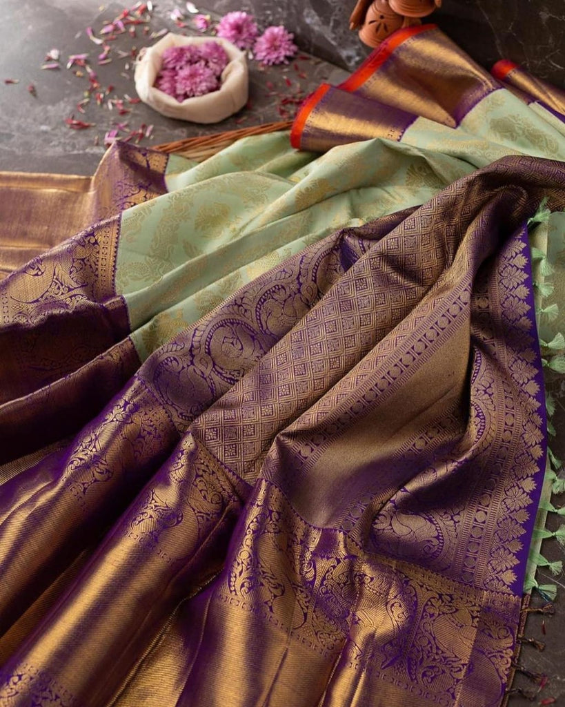 Staggering Sea Green Soft Banarasi Silk Saree With Divine Blouse Piece Shriji