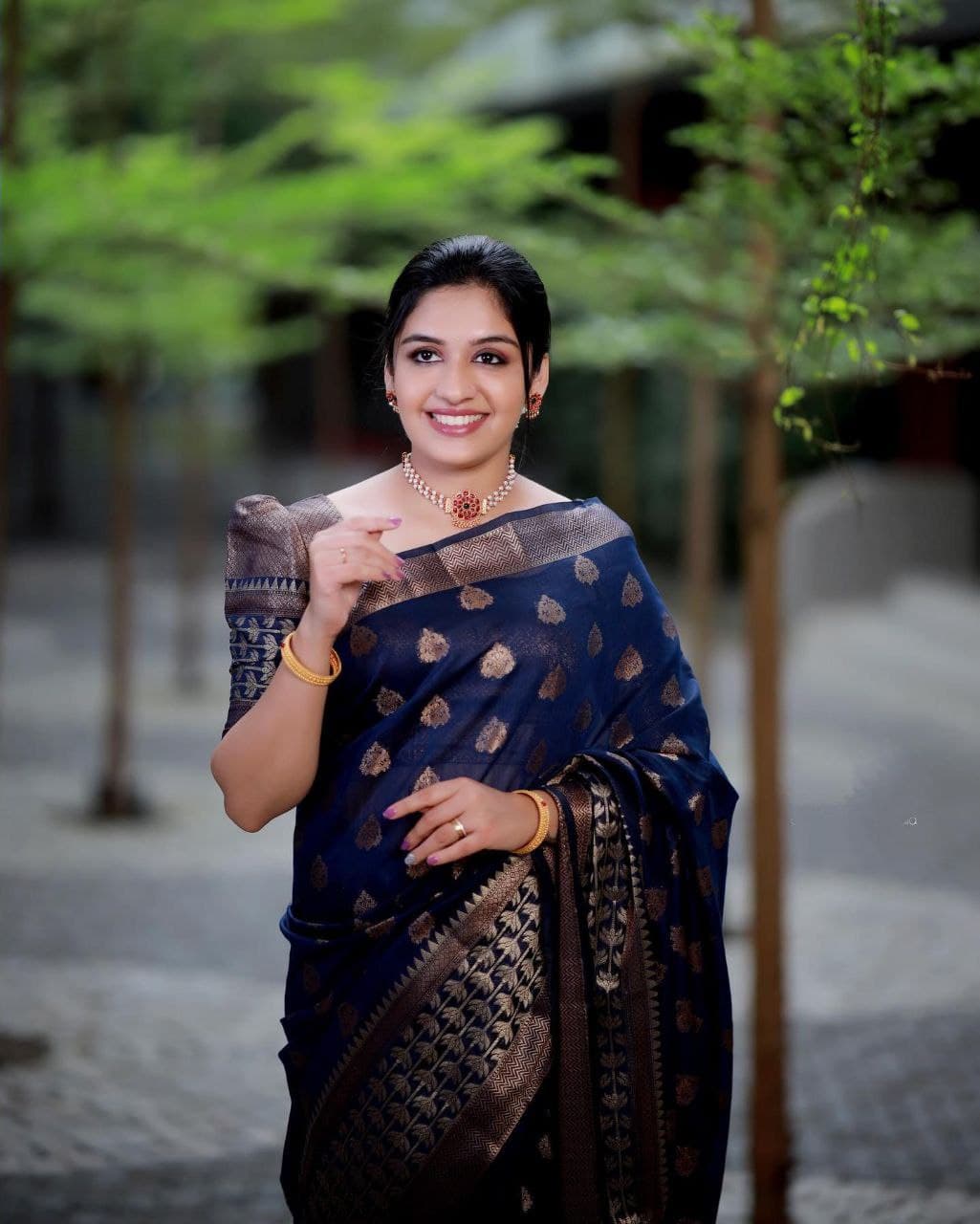 Dalliance Navy Blue Soft Banarasi Silk Saree With Glowing Blouse Piece Shriji