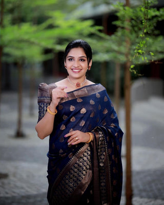 Dalliance Navy Blue Soft Banarasi Silk Saree With Glowing Blouse Piece Shriji