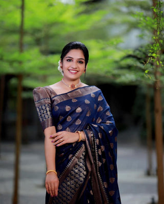 Dalliance Navy Blue Soft Banarasi Silk Saree With Glowing Blouse Piece Shriji