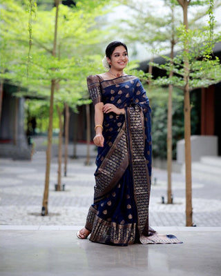 Dalliance Navy Blue Soft Banarasi Silk Saree With Glowing Blouse Piece Shriji
