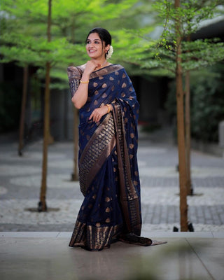 Dalliance Navy Blue Soft Banarasi Silk Saree With Glowing Blouse Piece Shriji