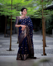 Load image into Gallery viewer, Dalliance Navy Blue Soft Banarasi Silk Saree With Glowing Blouse Piece Shriji