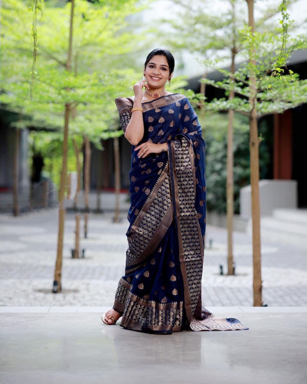 Dalliance Navy Blue Soft Banarasi Silk Saree With Glowing Blouse Piece Shriji