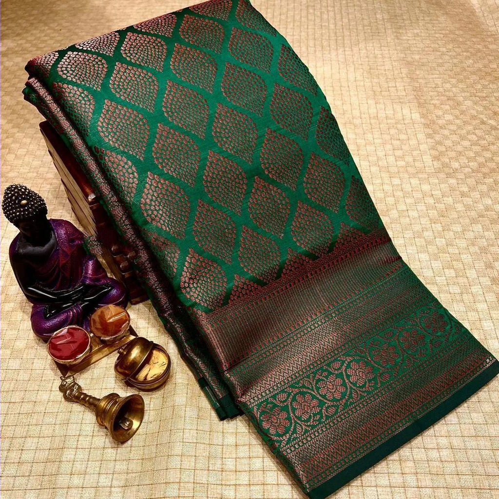 Imaginative Green Soft Silk Saree With Prodigal Blouse Piece Shriji