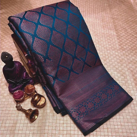 Felicitous Navy Blue Soft Silk Saree With Symmetrical Blouse Piece Shriji Main image