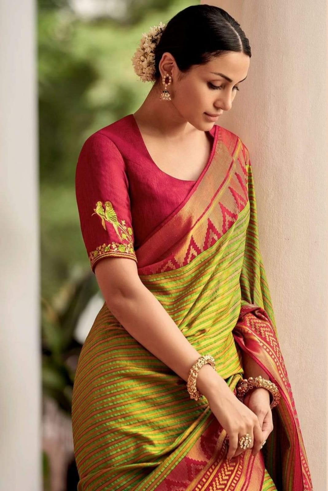 Lissome Mehndi Soft Silk Saree With Classic Blouse Piece Shriji Main image
