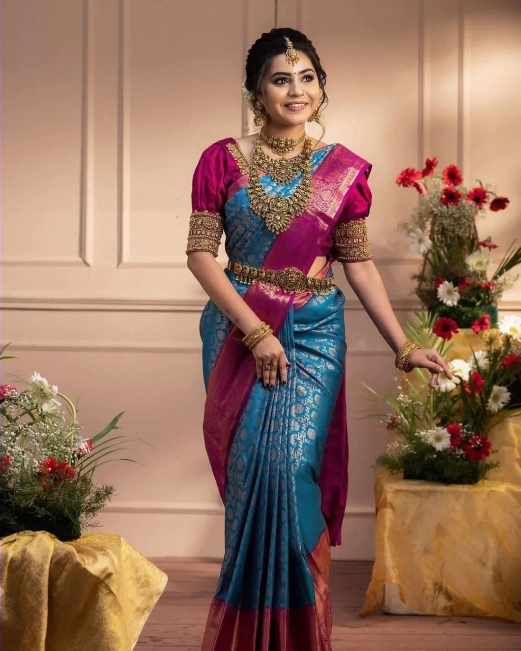 Desiring Firozi Soft Banarasi Silk Saree With Imaginative Blouse Piece Shriji Main image