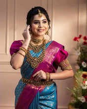 Load image into Gallery viewer, Desiring Firozi Soft Banarasi Silk Saree With Imaginative Blouse Piece Shriji