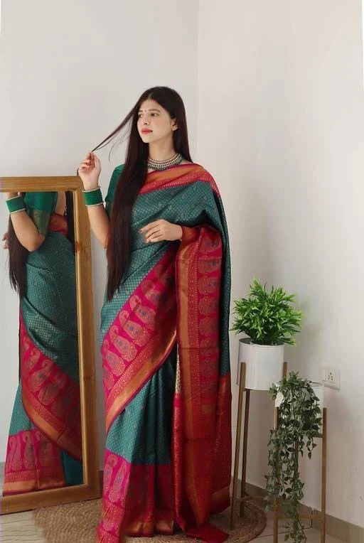 Jazzy Rama Soft Silk Saree With Luxuriant Blouse Piece Shriji Main image