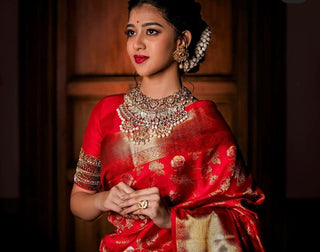 Tremendous Red Soft Banarasi Silk Saree With Stunner Blouse Piece Shriji