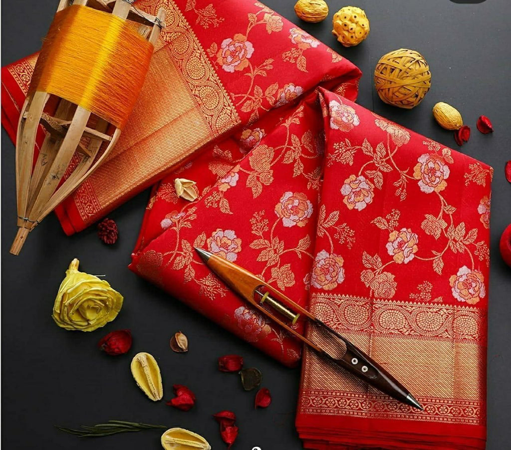 Tremendous Red Soft Banarasi Silk Saree With Stunner Blouse Piece Shriji