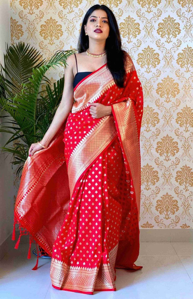 Confounding Red Soft Banarasi Silk Saree With Glowing Blouse Piece Shriji