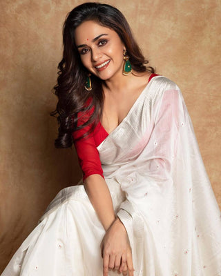 Eloquence White Linen Silk Saree With Prodigal Blouse Piece Shriji