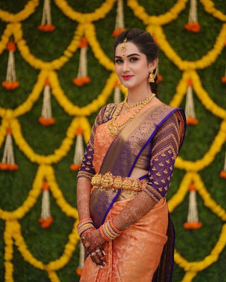 Murmurous Peach Soft Banarasi Silk Saree With Profuse Blouse Piece Shriji
