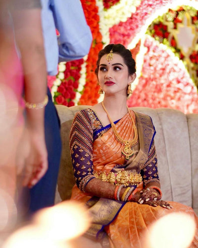 Murmurous Peach Soft Banarasi Silk Saree With Profuse Blouse Piece Shriji