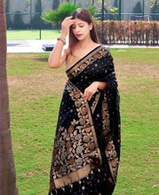 Load image into Gallery viewer, Dissemble Black Soft Banarasi Silk Saree With Lagniappe Blouse Piece Shriji