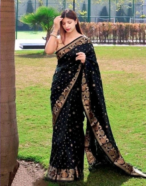 Dissemble Black Soft Banarasi Silk Saree With Lagniappe Blou