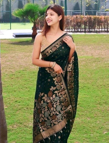 Embrocation Dark Green Soft Banarasi Silk Saree With Elision Blouse Piece Shriji