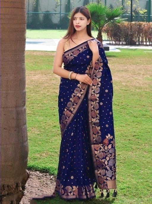 Petrichor Navy Blue Soft Banarasi Silk Saree With Super extravagant Blouse Piece Shriji