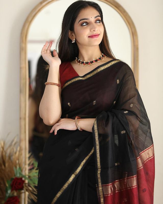 Artistic Black Cotton Silk Saree With Marvellous Blouse Piece Shriji