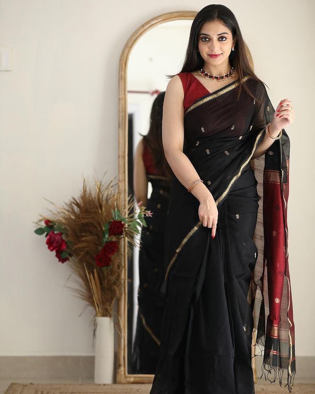 Artistic Black Cotton Silk Saree With Marvellous Blouse Piece Shriji