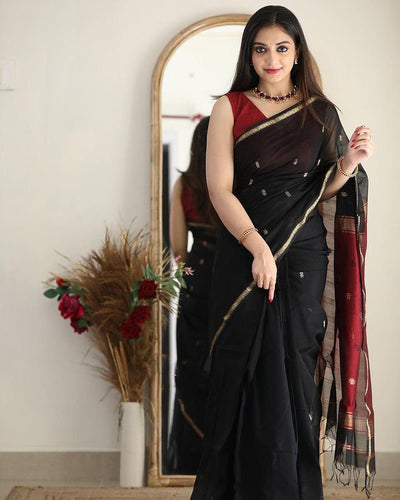 Artistic Black Cotton Silk Saree With Marvellous Blouse Piece Shriji