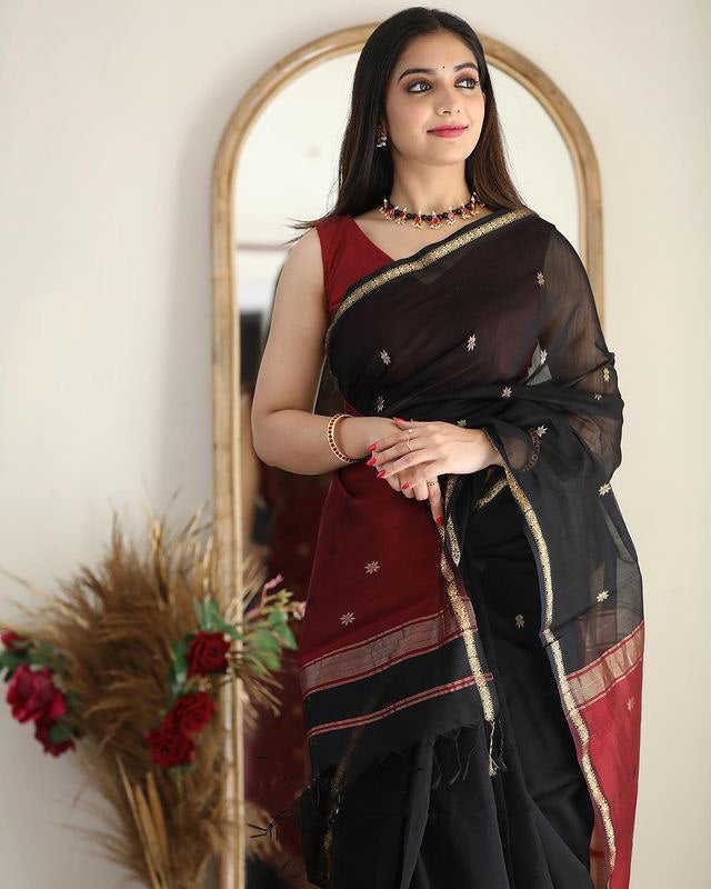 Artistic Black Cotton Silk Saree With Marvellous Blouse Piece Shriji