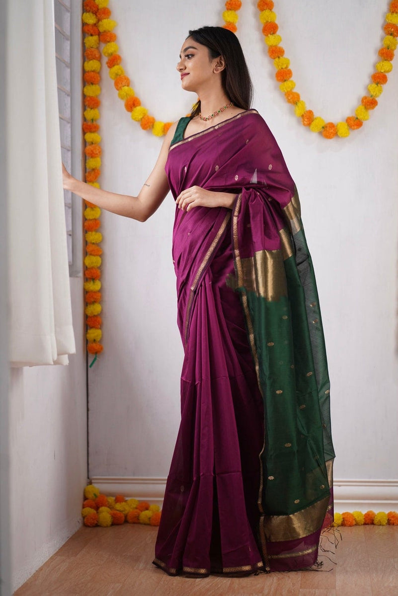 Dark Pink & Green Pure Kanchipuram Handloom Silk Saree – Palam Silks