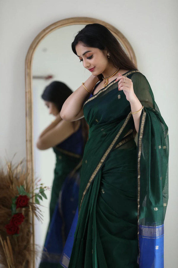 Fragrant Green Cotton Silk Saree With Classy Blouse Piece Shriji