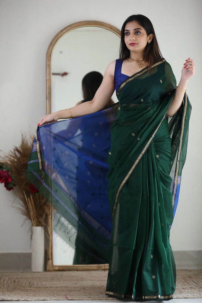 Fragrant Green Cotton Silk Saree With Classy Blouse Piece Shriji