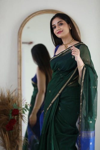 Fragrant Green Cotton Silk Saree With Classy Blouse Piece Shriji