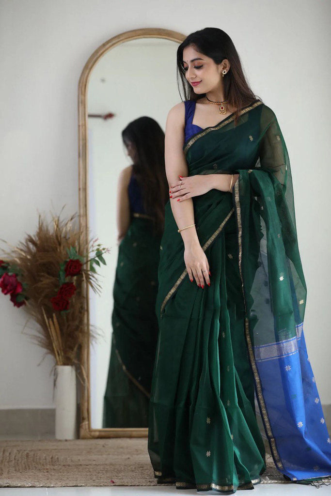 Fragrant Green Cotton Silk Saree With Classy Blouse Piece Shriji