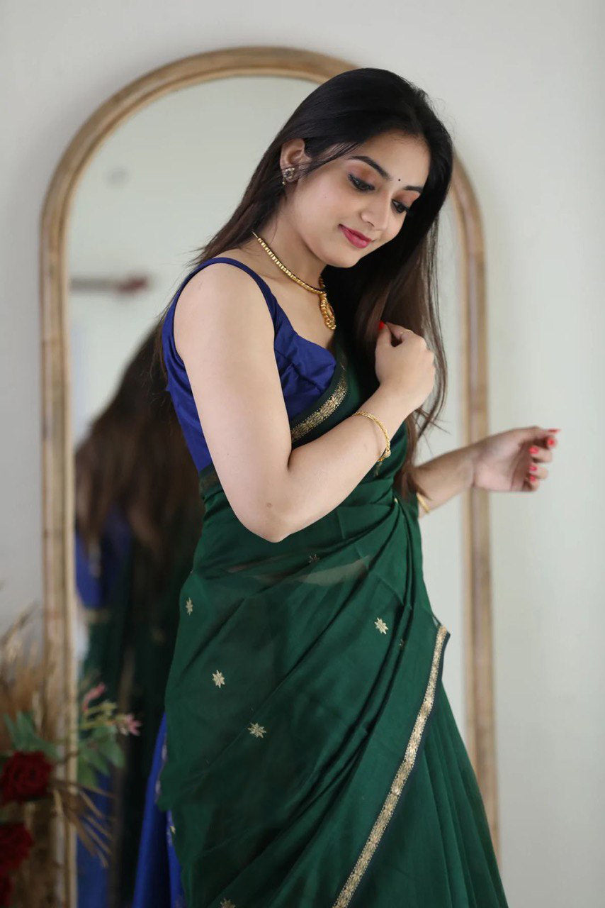 Fragrant Green Cotton Silk Saree With Classy Blouse Piece Shriji