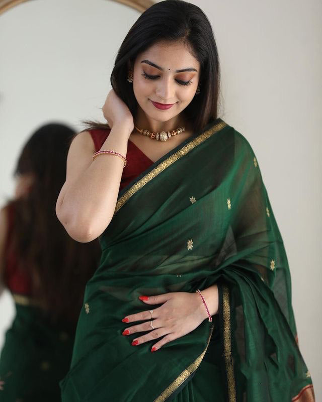 Snazzy Green Cotton Silk Saree With Prodigal Blouse Piece Shriji