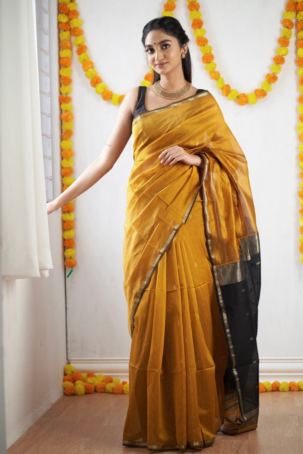 Magnificat  Mustard Cotton Silk Saree With Imbrication Blouse Piece Shriji Main image