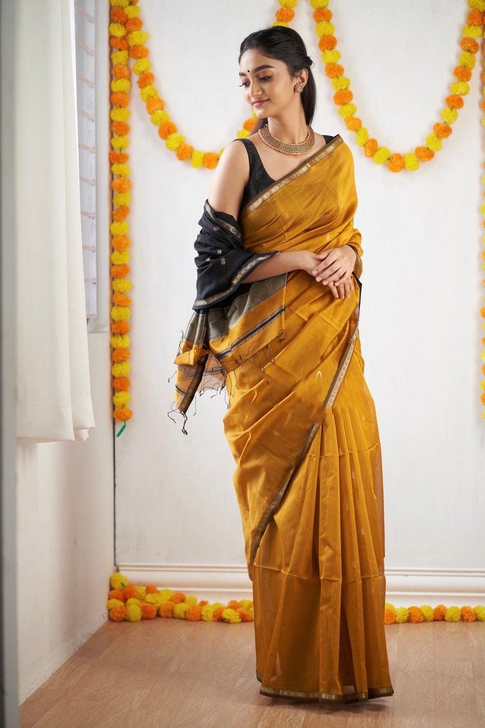 Magnificat  Mustard Cotton Silk Saree With Imbrication Blouse Piece Shriji